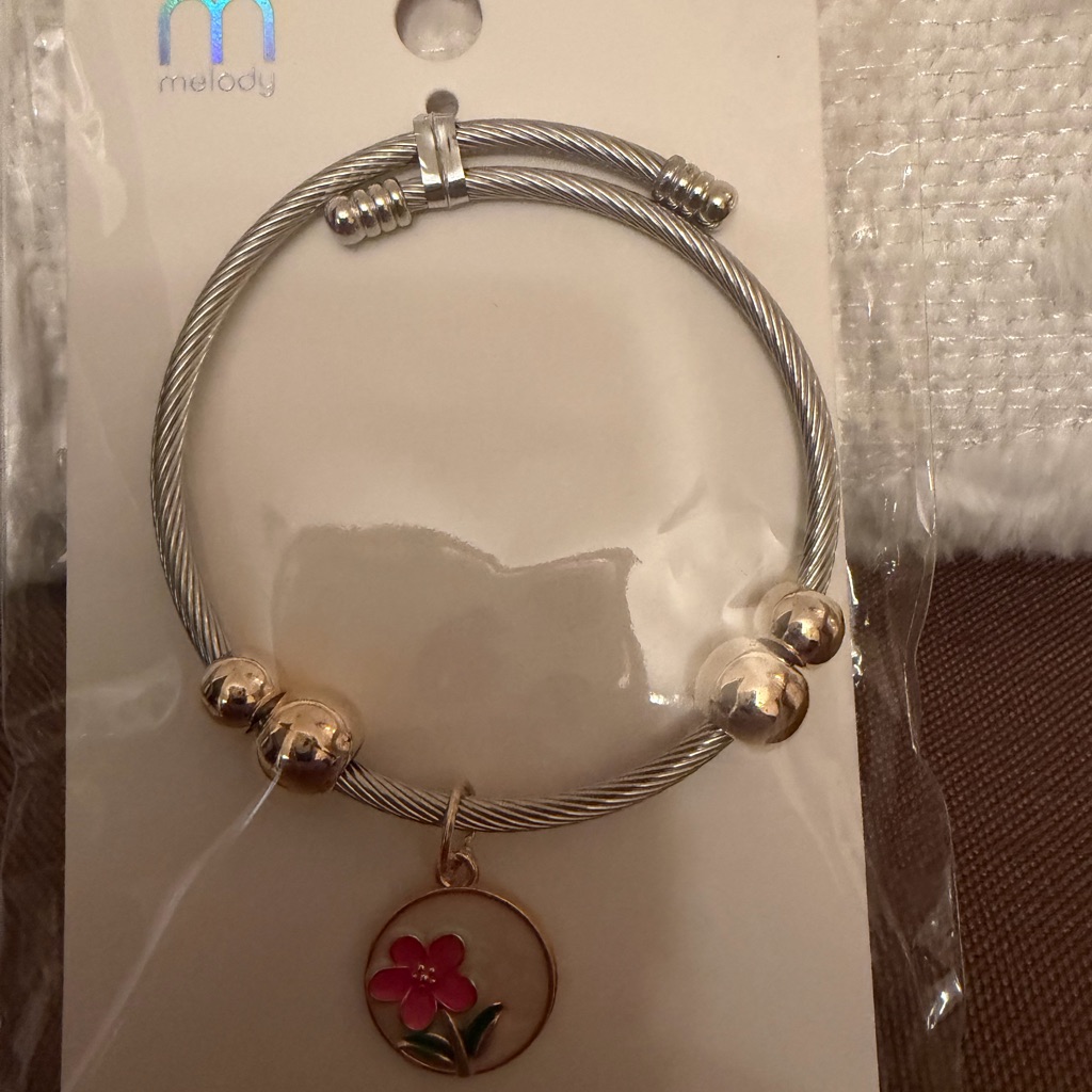 Silver-Tone Cable Bangle With Pink Flower Charm 12$